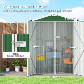 Abrigo de Jardim Exterior 1,1 m² 133x87x178 cm com 2 Portas de Correr Telhado Inclinado e Luvas Verde