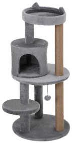 PawHut Árvore Arranhador para Gatos com Plataforma Caverna Postes de Sisal e Bola Suspensa 48x48x104 cm Cinza