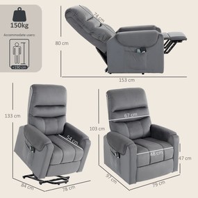 Poltrona elevatória elétrica com massagem, vibração e aquecimento, poltrona de relaxamento elétrica em veludo, cinzento escuro