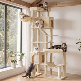 Grande arranhador para gatos 105 x 45 x 202 cm, com 6 áreas de descanso e troncos de sisal em bege
