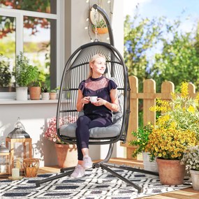Cadeira Suspensa Tipo Ovo com Estrutura, Cesta Dobrável Almofada e Apoio de Cabeça para Interior e Exterior Suporta 150 kg Cinzento