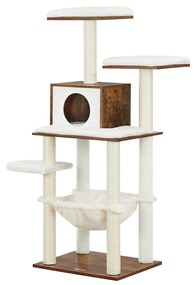 FEANDREA Poste para arranhar gatos 138 cm Móveis modernos para gatos Poste para arranhar gatos de várias camadas Caverna fofinha Postes de sisal Plataformas de rede Almofadas laváveis ​​de pelúcia macia Vintage marrom PCT164X01