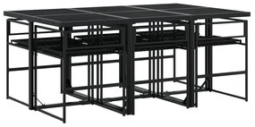 7 pcs conjunto de jantar p/ jardim c/ almofadões vime PE preto