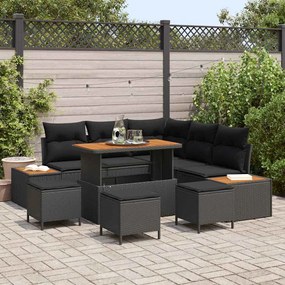 Conjunto de Sofá de Jardim vidaXL 9 Peças com Almofadas Preto Rattan Polietileno Acácia