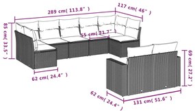 9 pcs conjunto sofás p/ jardim com almofadões vime PE cinzento