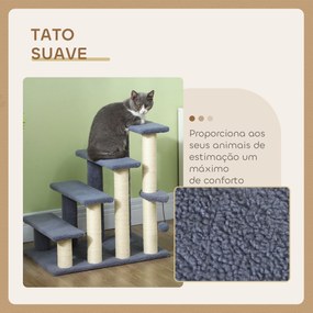 Arranhador para Gatos de 4 Níveis Escada para Animais de Estimação Revestida com Franela Suave Poste de Sisal Bola Suspensa 60x40x64 cm Cinzento
