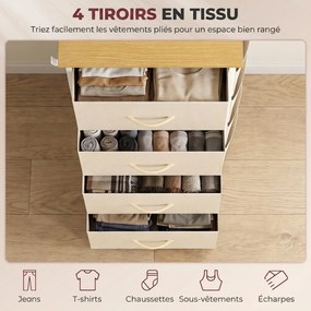 Cómoda de Quarto com 4 Gavetas tecido, 45 x 30 x 94,5 cm, Estrutura em Aço, Bege