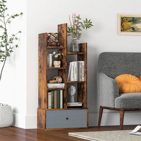 Estante de 7 níveis com gaveta e 7 compartimentos Estante de madeira para sala de estar Quarto 53 x 24 x 118 cm Castanho