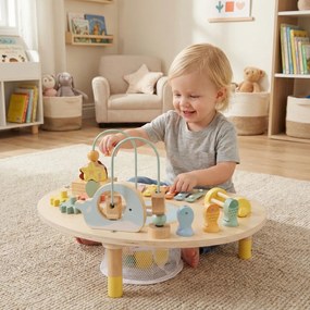 Mesa de atividades 7 em 1 para crianças 44 x 31 x 27 cm Montessori sensorial de madeira com labirinto de contas e xilofone para 12+ meses Natural
