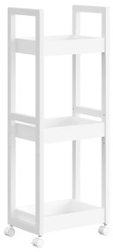 SONGMICS Unidade de armazenamento de prateleira pequena sobre rodas, carrinho de banheiro, prateleira de cozinha fina, organizador de armazenamento de 3 níveis, bambu, economiza espaço, 20 x 30 x 80 cm, branco BCB083W01