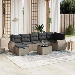 8 pcs conjunto sofás de jardim c/ almofadões vime PE cinzento