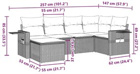 6 pcs conjunto de sofás jardim c/ almofadões vime PE castanho