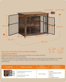 Gaiola para cães, para interior 82 x 55 x 64 cm, até 20 kg, 2 portas, castanho vintage