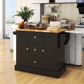 Carrinho de cozinha 127 cm x 46 cm x 91,5 cm com rodas e bancada em madeira de borracha, 3 gavetas e 2 armarios com prateleiras ajustáveis Preto