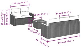 6 pcs conjunto sofás de jardim c/ almofadões vime PE preto