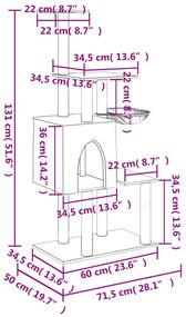 Árvore p/ gatos c/ postes arranhadores sisal 131 cm cinza-claro