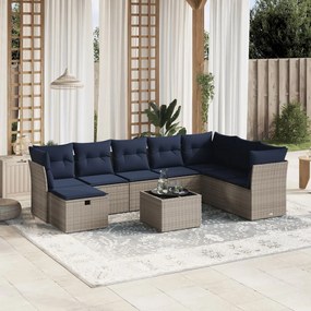 vidaXL 9 pcs conjunto sofás p/ jardim c/ almofadões vime PE cinzento