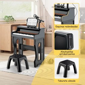 Piano para crianças de 3 anos eletrónico com 37 teclas, microfone ajustável e suporte de música amovível Preto
