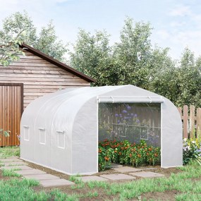 Estufa de jardim tipo túnel, dimensões: 3,5 m (L) x 3 m (C) x 2 m (A). Porta + 6 janelas enroláveis. Aço galvanizado e lona de PE de alta densidade, b