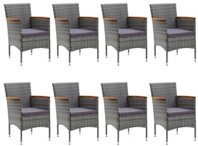 9 pcs conj. jantar p/ jardim vime PE e madeira acácia cinzento