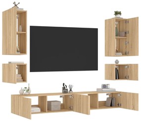 6 pcs móveis de parede para TV com luzes LED carvalho sonoma