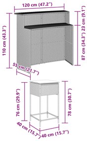 3 pcs conjunto de bar p/ jardim c/ almofadões vime PE cinzento