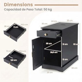 Conjunto de 2 mesas de cabeceira, mesa apoio 35 x 60 x 62 cm com estação de carregamento com gaveta Pretas