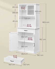 Armário arrumação cozinha com iluminação e com 2 tomadas 39,7 x 80,4 x 180,3 cm branco nuvem