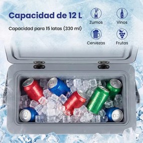 Geleira rígida portátil de 12 litros, moldada por injeção, com pega antiderrapante e à prova de fugas; mantém o gelo durante 3 dias, ideal para campis