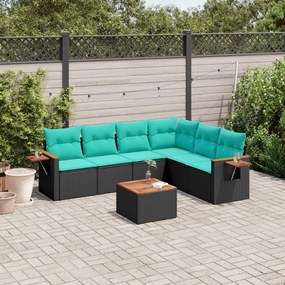 7 pcs conjunto de sofás p/ jardim c/ almofadões vime PE preto