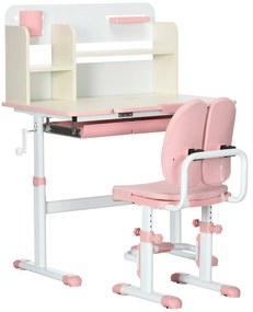 HOMCOM Conjunto de Secretária e Cadeira para Crianças com Altura Ajustável Gaveta Prateleiras e Bancada Inclinável 80x52x88-109 cm Rosa e Branco