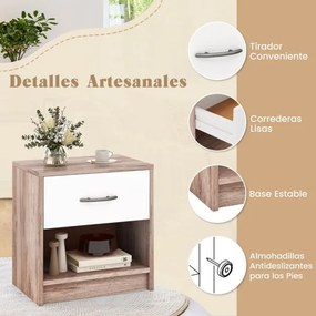 Mesa de cabeceira com 1 gaveta com Estante aberta compacta para espaços pequenos cor Carvalho+Branco