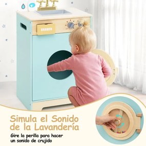 Máquina de Lavar para Crianças 40 × 30 × 75 cm com Detergente e Desinfetante para as Mãos com Pia, Gaveta e Rodas Giratórias Azul