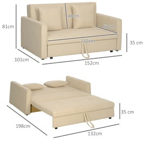 Sofá Cama de 2 Lugares com 2 Almofadas Apoio para os Braços e Armazenamento Sofá Duplo Moderno 152x101x81 cm Bege