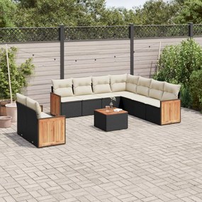 10 pcs conjunto sofás de jardim c/ almofadões vime PE preto