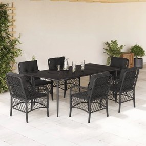 7 pcs conjunto de jantar p/ jardim c/ almofadões vime PE preto