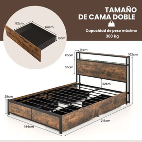 Estrutura de cama de casal 140 x 200 cm em metal (COLCHÃO NÃO INCLUIDO) Cabeceira com luz LED RGB 4 Ligação USB  gavetas de arrumação Castanha