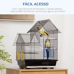 Gaiola para Pássaros 39x33x47cm Gaiola para Pássaros de Metal com 3 Portas 2 Comedouros 2 Poleiros Baloiço Bandeja Amovível e Alça de Transporte para