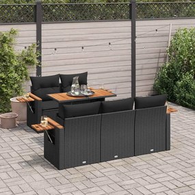6 pcs conjunto sofás jardim c/ almofadões vime PE/acácia preto