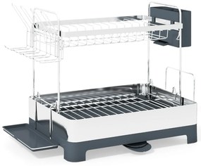 Escorredor de pratos em aço inoxidável de 2 níveis com suporte para louça, pratos, tigelas, copos, tábuas de cortar e organizador de utensílios cinza