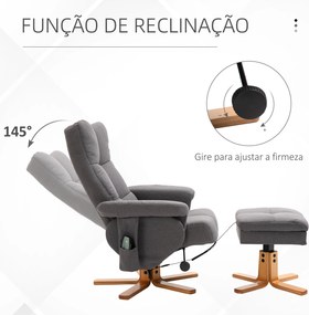Poltrona Relax Reclinável com Apoio para os Pés 10 Pontos de Massagem Giratória Comando Remoto Bolso Lateral Cinzento Escuro