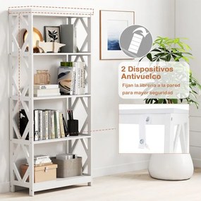 Estante de 5 níveis em madeira 70 x 30 x 155 cm com Estrutura romboidal para escritório, sala ou quarto Branco