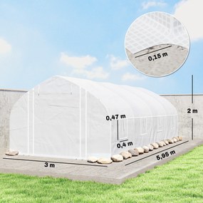Estufa Tipo Túnel 6x3x2 m com Anti-UV e Porta de Enrolar com Fecho de Correr Paredes Laterais com Rede Branco