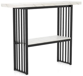 Mesa de 2 níveis com prateleira aberta, estrutura em aço dourado para sala de estar ou corredor, 120 x 29,5 x 92,5 cm, preto e branco