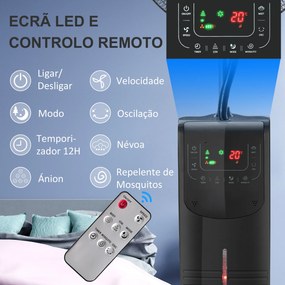 HOMCOM Ventoinha Nebulizadora 90W com Oscilação Controlo Remoto 5 Lâminas Depósito de Água 3,1L 3 Velocidades Temporizador e Rodas 44,5x44,5x135 cm Preto