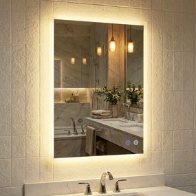 Espelho LED para casa de banho 80 x 60 cm retangular de parede com função antiembaciamento, memória, 3 cores de luz e controlo tátil Prata