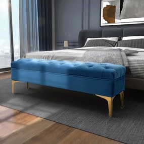 Banco estofado para cabeceira da cama, estilo clássico chique, dim. 118 x 45 x 42 cm, pés em metal dourado, veludo azul