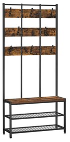 Pendurador de roupas de pé com banco e prateleiras para hall. | VASAGLE | 84 x 30 x 182 cm | preto|castanho rústico | HSR087B01.