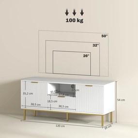 Móvel para televisão 120 x 39 x 54 cm, para televisão de 50 polegadas com 2 portas com fecho suave, gaveta e compartimento aberto, branco