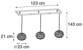 Candeeiro de suspensão rural preto alongado com 3 luzes - Canna Rústico